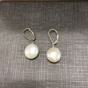 White pearl leverback earrings